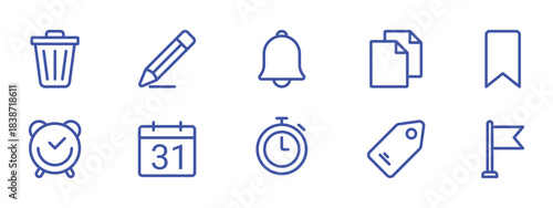 ui icons set for app and web interface including delete edit bell file bookmark alarm calendar timer tag and flag