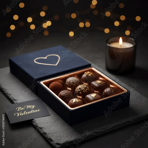 dark blue box of chocolate truffles with a gold heart on a black background by candlelight