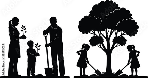 Happy family mother father children planting small seedling tree together in summer park silhouette vector graphic design concept, environmental conservation and world earth day activity.