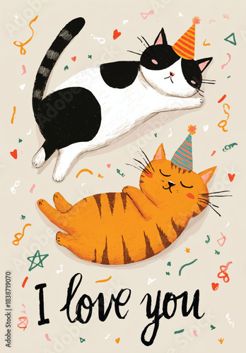 Celebratory Cats: Two cute cats relax happily wearing birthday hats. I Love You message enhances the sense of affection and merriment. Perfect for birthday cards and social media.