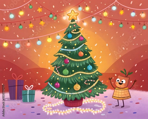 Christmas tree with gifts and snowman