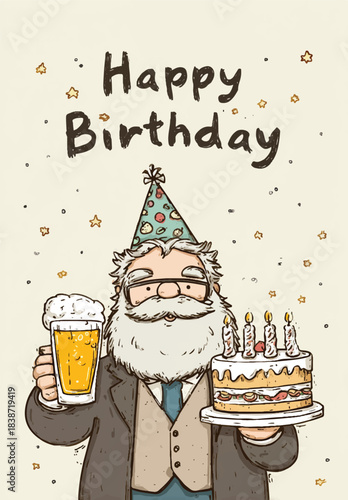 Birthday Celebration: A jovial figure holds a celebratory birthday cake with lit candles and a frothy beer mug, embodying a festive spirit of joy.