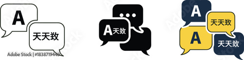 Multilingual Chat Translation App Icon Set, Global Communication, Language Exchange, Vector Illustration, Help, Support, Q&A, Dialogue, Foreign Language Education, Diverse Conversation.