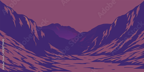 Dreamy purple mountains landscape illustration for fantasy novels, game backgrounds, and artistic designs, creating a calming and inspiring vibe
