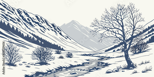 Stunning mountain valley landscape illustration with flowing river, perfect for travel blogs or scenic backgrounds, creating a peaceful, serene vibe