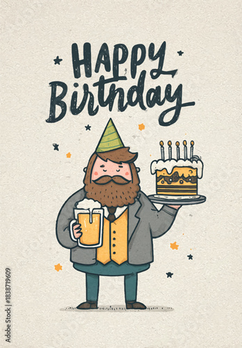 Birthday Celebration: a jovial figure, bearing a birthday cake and a refreshing beverage, conveying the warmth of celebration and happiness.