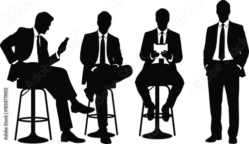 Silhouette illustration of businessmen sitting on stools and standing in formal attire, representing corporate professionalism, workplace posture, business communication, office roles, and leadership 