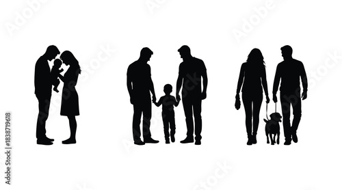 Silhouettes of families walking together in a row