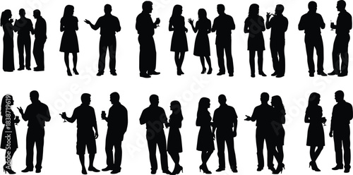 Silhouette illustration of people standing and talking in pairs and small groups, representing communication, social interaction, conversation, networking, and casual community engagement for design 