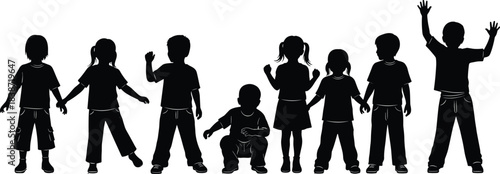 Silhouette illustration of children standing, waving, and playing in various poses, representing childhood, friendship, youth activities, playful energy, and happy group interaction for design themes
