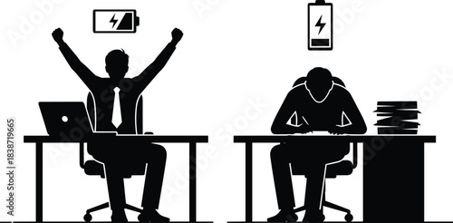 Silhouette illustration of two office workers showing high and low energy levels at their desks, symbolizing productivity, burnout, motivation, workplace stress, and contrasting employee performance