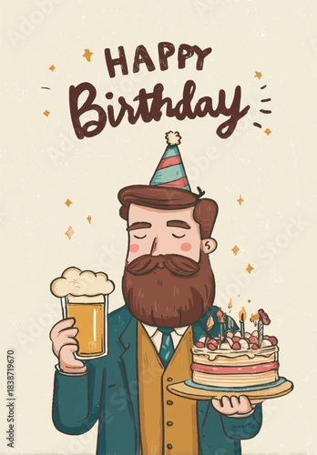 Birthday Celebration: A jovial man, complete with festive attire, raises a mug of beer in one hand and presents a delightful birthday cake in the other.