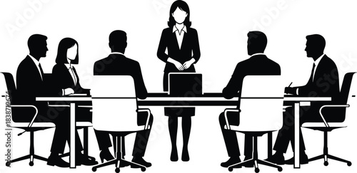 Silhouette illustration of business professionals sitting at a conference table while a leader presents, representing teamwork, corporate meetings, decision-making, leadership, communication, 