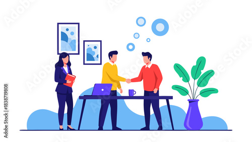 Two Businessmen Shake Hands Over A Table With A Laptop And Coffee While A Woman Stands Nearby Holding A Folder In A Modern Office Meeting Room