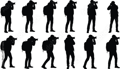 Silhouette illustration of photographers taking pictures in multiple poses with cameras and backpacks, representing outdoor photography, traveler lifestyle, creative work, and professional shooting 