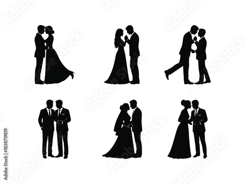 Silhouettes of couples in love celebrating wedding moments