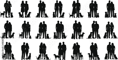 Silhouette Collection of Diverse Couples and Their Beloved Dogs Walking, Standing Together, Hugging, and Spending Quality Time; Perfect Vector Set for Park, Family, and Pet-Themed Designs.