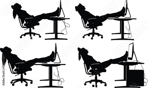 Silhouette illustration of a person reclining at a desk with feet up while working on a computer, representing relaxed office behavior, workplace habits, and casual work culture