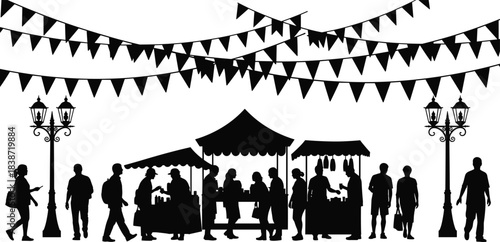 Silhouette scene of people walking and shopping at an outdoor market with tents, street lamps, and festive bunting decorations creating a lively community event atmosphere