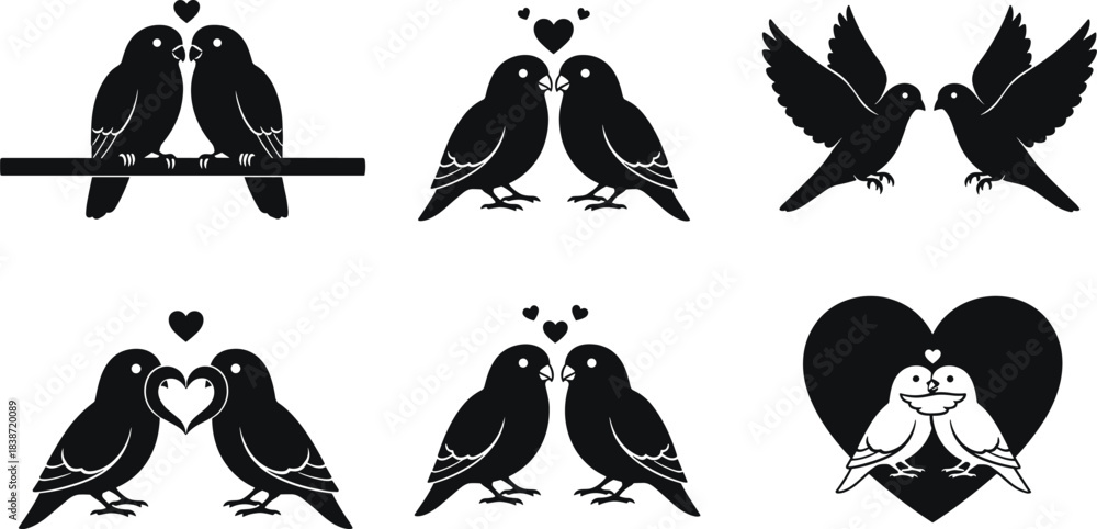 Naklejka premium Romantic bird couple illustration, love theme, heart symbol, black vector art, affectionate poses, valentine concept, emotional connection, nature-inspired design