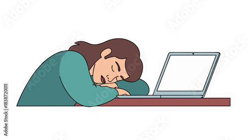 Tired Woman Sleeping On Desk Next To Open Laptop Computer Displaying Blank Screen Exhausted Overworked Student Or Employee Feeling Burnout After Long Study Or Work Session