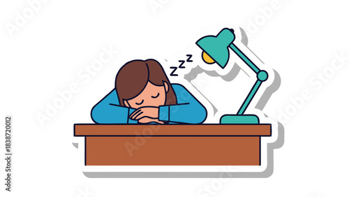 Tired Person Sleeping On Desk Next To A Desk Lamp With Zzz Symbols Above Head Indicating Sleep In A Blue Shirt And Brown Hair On A Dark Background