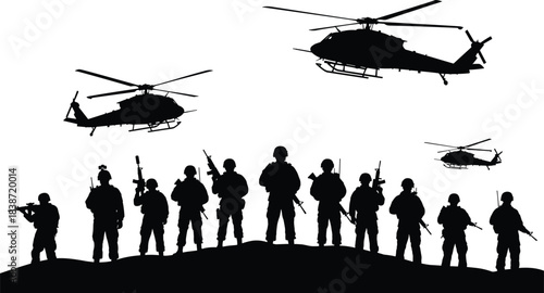 Military silhouette illustration, armed soldiers, helicopter support, tactical formation, black vector art, defense scene, combat readiness, warfare concept, battlefield design