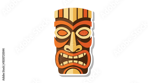 Traditional Tiki Mask with Orange Brown and Yellow Hues Featuring an Intricate Carved Face With an Open Mouth and Fierce Expression on a Black Background