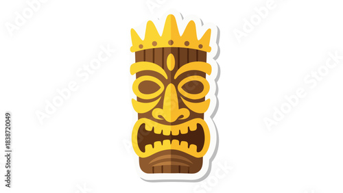 Tribal Tiki Mask Illustration With Golden Crown And Fierce Expression Isolated On Black Background Stylized Wooden Sculpture Graphic Design