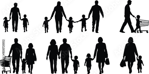Silhouettes of diverse families walking, shopping, and holding hands, capturing concepts of parenting, childhood, and love for use in advertising, marketing, and design projects.