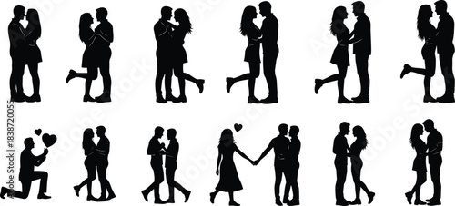 Romantic couple silhouette illustration, love poses, black vector art, affectionate moments, proposal scene, emotional connection, relationship gesture, symbolic design, intimacy