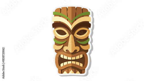 Traditional Wooden Tiki Mask With Green Accents On A Black Background Vector Illustration
