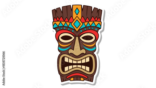 Tribal Tiki Mask With Fierce Expression And Colorful Geometric Patterns Against A Black Background