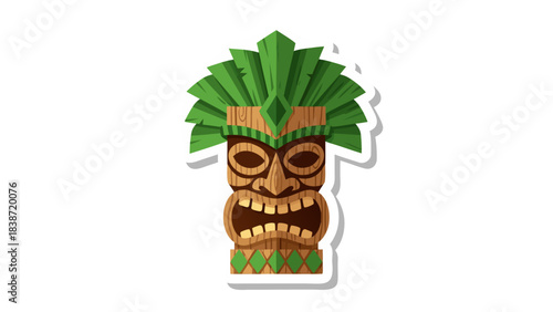 Tribal Tiki Mask with Green Feathers and Diamond Pattern Isolated on Black Background Detailed Pixel Art Style Tribal Iconography