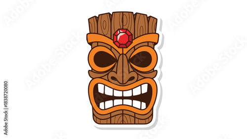 Tribal Wooden Tiki Mask Sculpture With Orange Accents And Red Gemstone On Forehead Expressing Anger Against Black Background Isolated Sticker Style