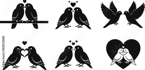 Romantic bird couple illustration, love theme, heart symbol, black vector art, affectionate poses, valentine concept, emotional connection, nature-inspired design