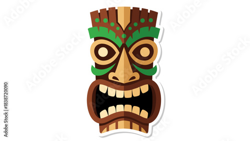 Tribal Tiki Mask With Open Mouth And Exaggerated Expression On Black Background Stylized Wooden Carving With Green Accents And White Outline Festive Tropical Vibe