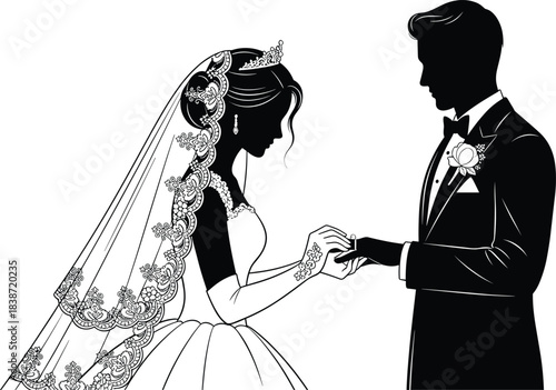 Wedding ceremony silhouette, bride groom ring exchange, romantic moment, black vector art, marriage vow, elegant design, love commitment, bridal illustration