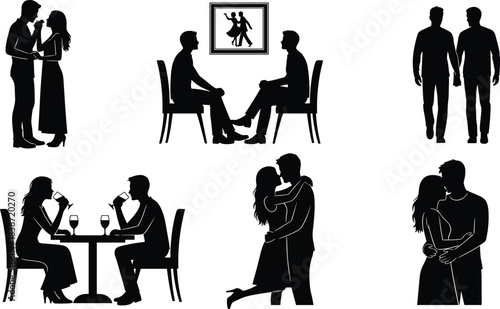 Romantic couple silhouette illustration, love moments, intimate poses, black vector art, relationship scenes, dating concept, emotional connection, affectionate gestures, togetherness