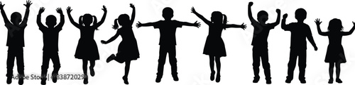 Children silhouettes, playful poses, jumping kids, joyful gestures, black vector, energetic movement, childhood fun, standing figures, group layout, stock illustration, design element