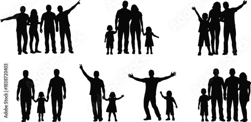 Family silhouettes, parents and children, holding hands, standing together, unity, love, bonding, diverse family groups, black vector, emotional connection, stock illustration