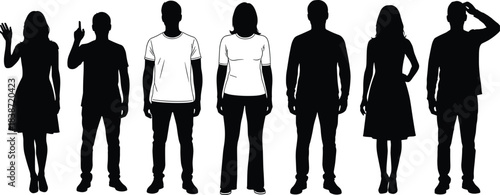 Human silhouettes, diverse postures, standing figures, gesture variety, body language, black vector, people poses, casual stance, stock illustration, design element, isolated characters