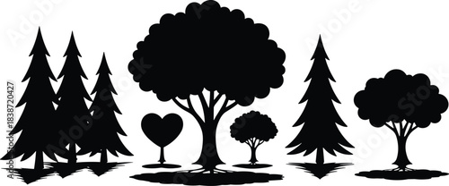 Tree silhouettes vector, coniferous, deciduous, heart-shaped, black icons, nature elements, forest shapes, botanical design, outdoor scene, foliage diversity, landscape