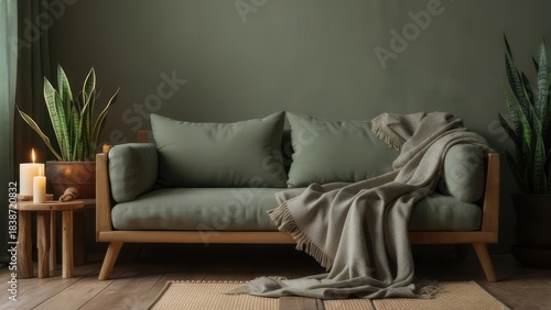 Cozy Living Room Interior with Green Sofa and Warm Lighting.