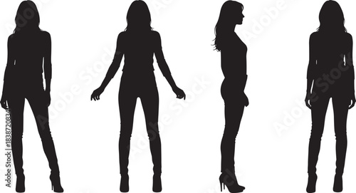Female silhouette standing poses, fashion model reference, character design outline, stylish woman figure, posture study, vector art, animation template