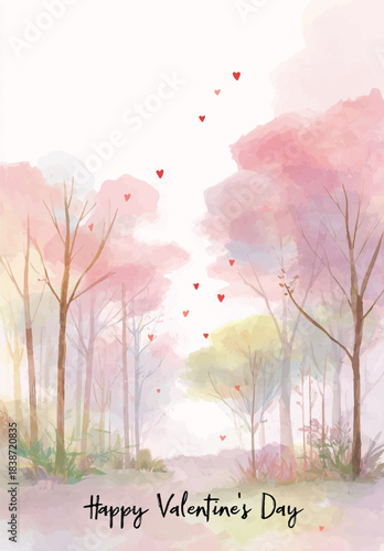 Valentine's Day Forest: A dreamy watercolor scene, delicate hearts float down a path lined with soft, pastel-colored trees. Creating a sense of romance and warmth.