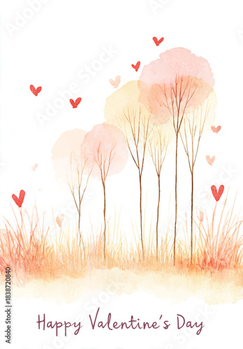 Valentine's Day Serenade: Delicate watercolor painting depicting the warmth and affection of the season. Featuring a whimsical scene of stylized trees with heart-shaped accents and tender sentiments.