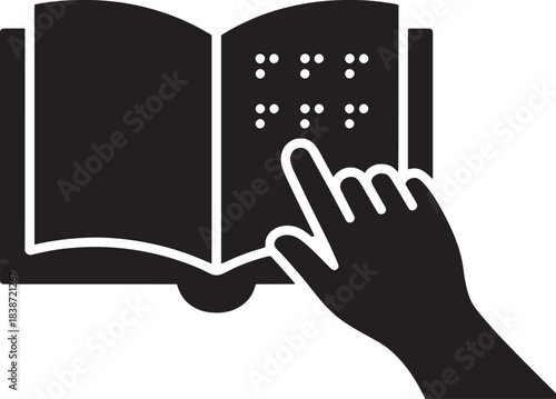 Braille book with finger reading vector illustration for visual impairment concept