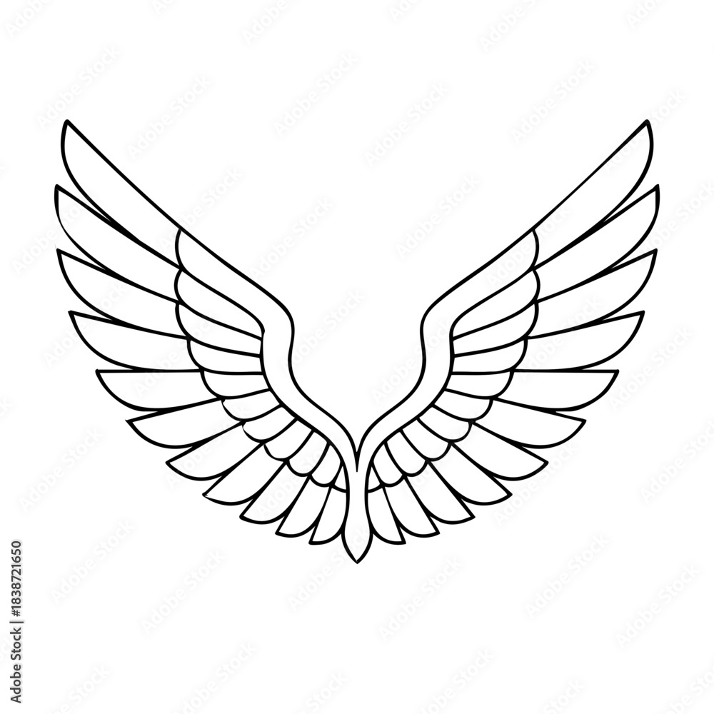 Fototapeta premium Eagle wings outline with detailed feather segments, clean thin line vector style