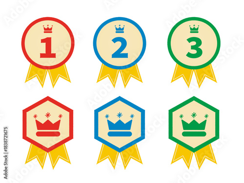 赤、青、緑の3色で構成された王冠メダルセット|1〜3の数字入り/イベント・子供向け素材｜A crown medal set consisting of three colors: red, blue, and green.